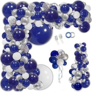 145pcs Navy Blue Silver Balloons Garland Kit, Royal Blue Silver White Confetti